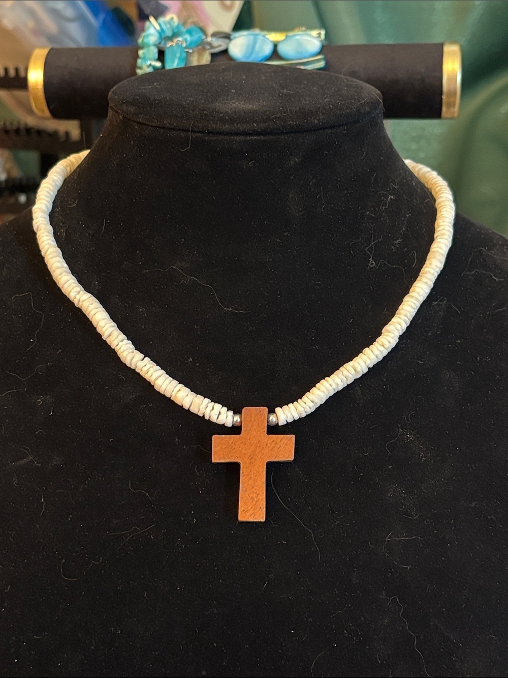 Hand Crafted Heishi Bead Necklace with Brown Cross Pendant